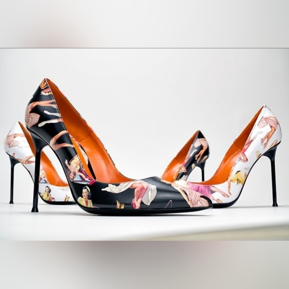 RARE Walter de Silva Raff Pin-Up Girls Pointed-Toe Pumps Orange Collection 39.5